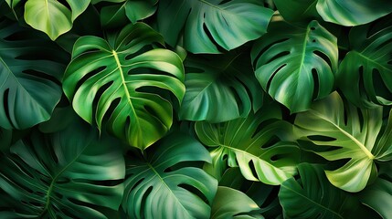 Obraz premium Vibrant green monstera leaves create a lush and tropical backdrop.