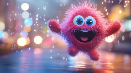 Fototapeta premium Joyful Pink Fluffy 3D Monster Illustration