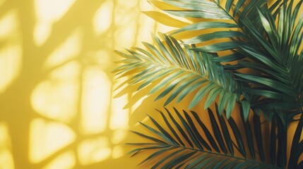 Vibrant green palm leaves casting shadows on a bright yellow wall.