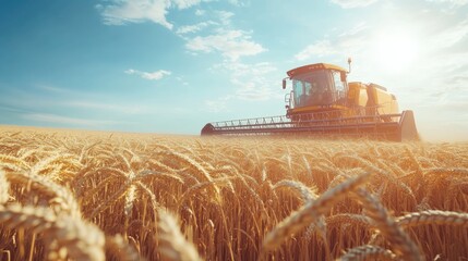 A bright yellow combine harvester working in a golden wheat field under a clear blue sky.