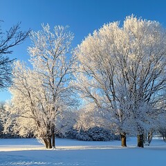 Two frost-covered trees in a snowy landscape under a clear blue sky.