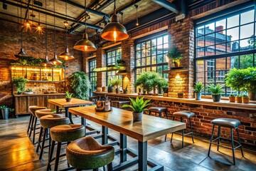 Fototapeta premium Cozy Cafe Interior with Bar Top and Tables in Industrial Style - An Angled View of an Empty Coffee Shop Featuring Warm Lighting and Inviting Atmosphere