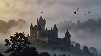 Obraz premium Majestic Medieval Castle Shrouded in Dawn Mist and Mystical Fog V12