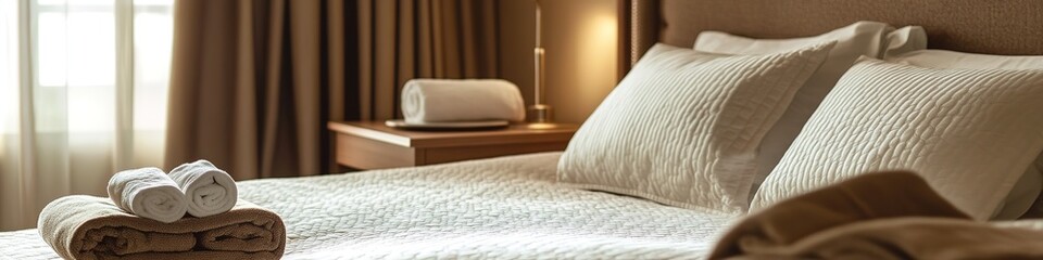 Cozy hotel room with neatly made bed and soft lighting