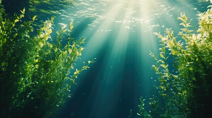 Obraz premium Beneath the waves, vibrant green plants sway gently in the underwater light, creating a tranquil and serene scene.