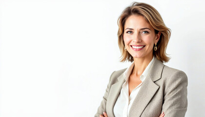 Portrait of a confident female senator in formal attire on a white background.

