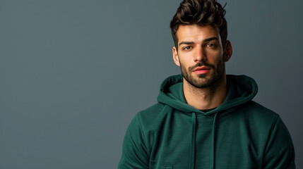 Fototapeta premium Handsome man in a green hoodie against a gray background.