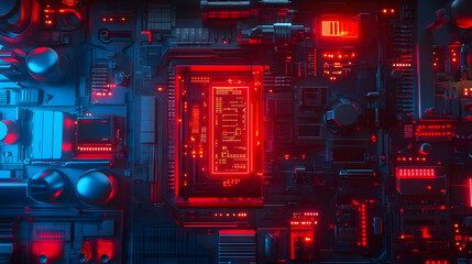 Obraz premium A vibrant red glowing motherboard with intricate circuits and a futuristic design, symbolizing power and advanced technology.