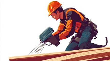 Construction Worker Illustration: Roofing Professional Using Nail Gun