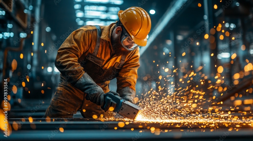 Aufkleber A man in a yellow jacket is working with a power tool, creating sparks