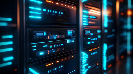 Obraz premium A futuristic server room with glowing blue and orange neon lights, symbolizing advanced data storage and high-tech infrastructure
