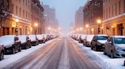 Fototapeta premium city street winter scene snowflakes falls on cars