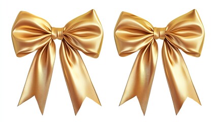 Two golden satin bows isolated on white background.