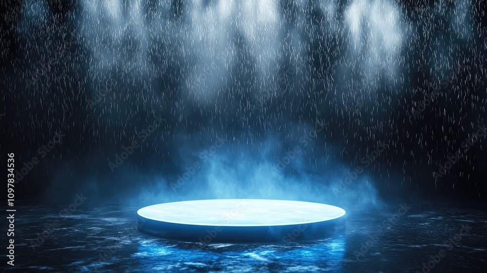 Canvas Prints abstract dark background with illuminated round blue platform in the center, empty space around, bla