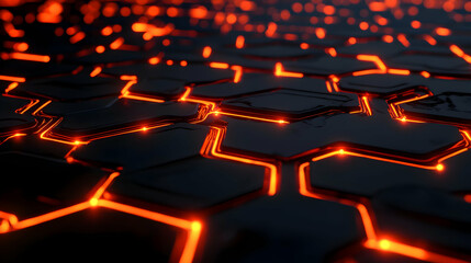 Obraz premium A sleek black and orange hexagonal digital grid with glowing neon lines, resembling a futuristic electronic surface.