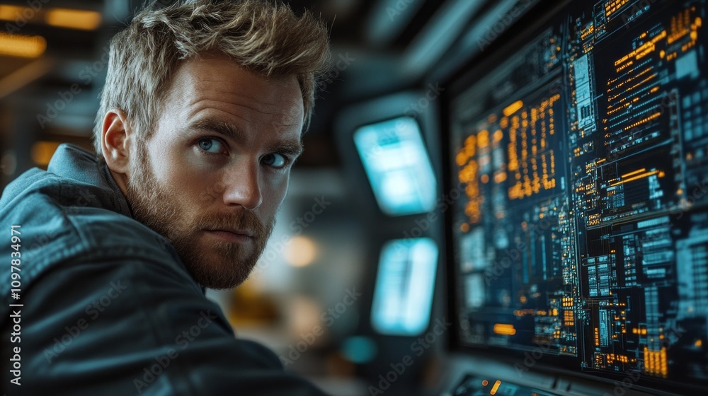 Poster A man is looking at a computer screen with a lot of numbers and symbols
