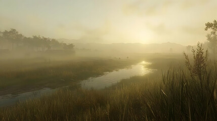 Fototapeta premium Misty Morning Landscape with River and Grass
