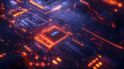 Obraz premium A futuristic motherboard with vibrant red and blue glowing circuits, emphasizing dynamic technology and innovation.