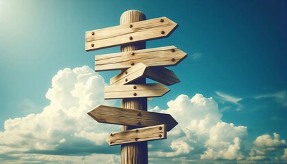 Multiple blank wooden arrow signposts on wood pole agains sky