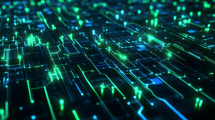 Fototapeta premium A vibrant green and black glowing digital matrix with intersecting lines and scattered bright nodes, representing a virtual network.