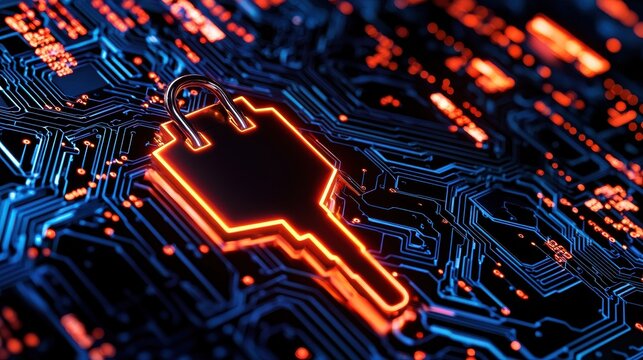abstract code encryption process Concept. A digital representation of a key on a circuit board, symbolizing cybersecurity and data protection with vibrant blue and orange elements.