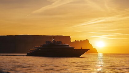 A luxurious yacht sailing at sunset near cliffs, creating a serene coastal scene.