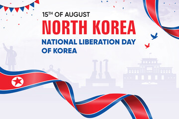 North Korea Flag Waving On Skyline Background. National Liberation Day Of Korea Concept Design Vector Illustration.