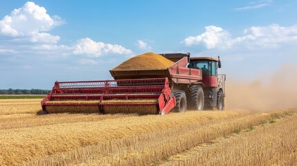 Obraz premium A red combine harvester is working in a large wheat field, gathering crops under a bright sky. The machine drives through rows of golden grain, leaving a trail of dust behind, showcasing modern