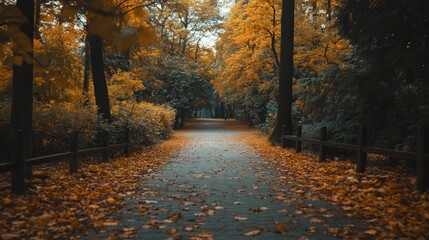 Obraz premium Scenic fall pathway in a park, showcasing the tranquility and beauty of the autumn season