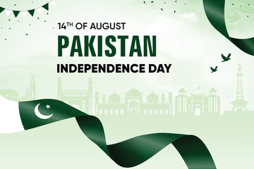 Pakistan Flag Waving On Skyline Background. Independence Day Concept Design Vector Illustration.