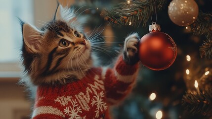 Obraz premium Cute kitten in sweater decorating Christmas tree.
