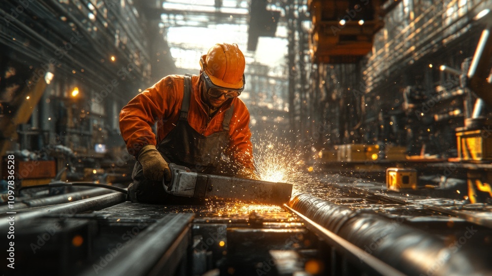 Poster A man in an orange jacket is working with a power tool in a factory