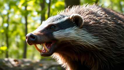 A grizzled and weathered old badger, its fur standing on end, bares its teeth in a fierce snarl, exuding an air of cantankerous defiance in a sun-dappled forest.