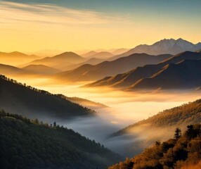 A misty mountain scene at sunrise, with golden light illuminating the peaks and a layer of clouds blanketing the lower slopes