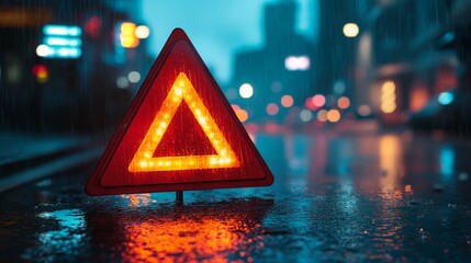Red Warning Triangle Reflecting in Rain on Dark Road