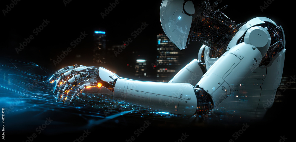 Poster futuristic humanoid robot analyzing big data networks with advanced ai algorithms