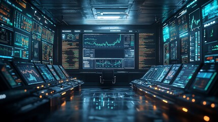Obraz premium Futuristic control room with multiple monitors displaying data, graphs, and code.