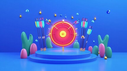 Obraz premium 3D Digital Target Board with Glowing Arrows Hitting the Center