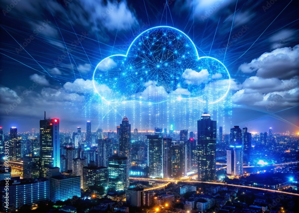 Poster dark cityscape illustrating cloud and edge computing technology with data transfer concept and float