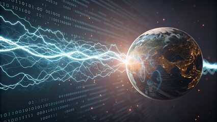 Obraz premium Glitched digital vortex, energetic, depicting cosmic connectivity, with binary codes and vibrant colors.