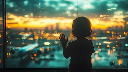 Child Waving Goodbye to Family Member at Airport Departure Zone, Emotional Farewell Moment