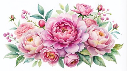 Delicate Watercolor Pink Peony and Rose Floral Art on White Background - Abstract Aesthetic Illustration of Elegance and Beauty in Nature