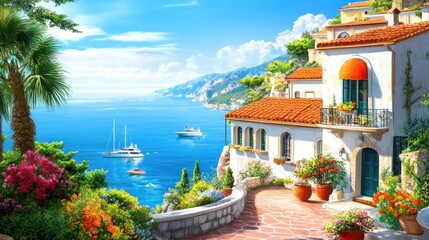 Mediterranean Coastal Villa with Boats and Lush Gardens