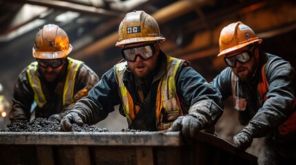 Three construction workers in hard hats and safety glasses, working together to move a pile of material.