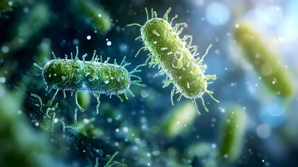 Fototapeta premium A close-up of glowing green rod-shaped bacteria with fine hair-like structures, floating in a vibrant microscopic environment.