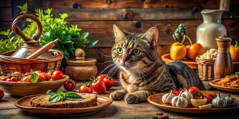Fototapeta premium Delightful Food Photography Featuring a Curious Cat Looking at Gourmet Dishes and Fresh Ingredients in a Cozy Kitchen Setting, Capturing the Charm of Culinary Exploration