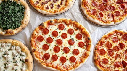 Assorted Gourmet Pizzas Arranged On Parchment Paper