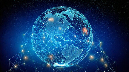 Obraz premium A virtual globe made of glowing network nodes