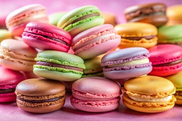 Fototapeta premium Delightful Macarons on a Soft Pink Background - Perfect for Dessert Lovers and Pastry Enthusiasts, Showcasing Sweet Treats in a Captivating and Colorful Setting