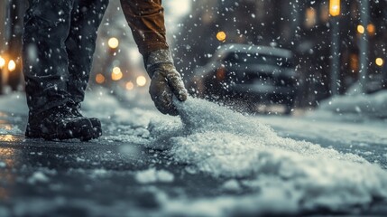 A person shoveling snow on a street during a winter snowfall.